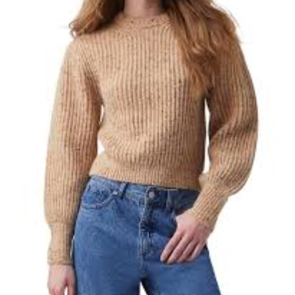 French Connection Natalya Ribbed Sweater w/ Puff Sleeves in Camel